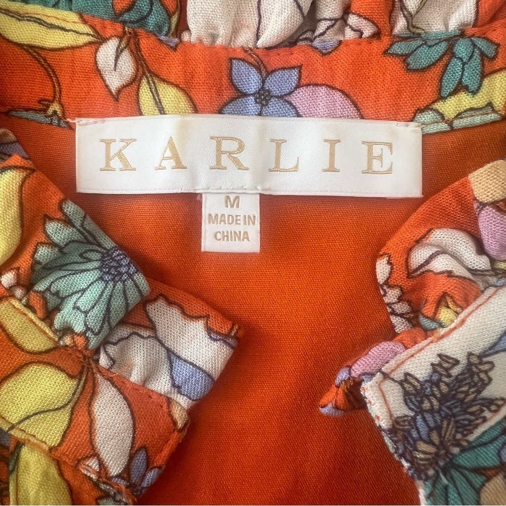 Karlie Floral Tiered Sleeveless V-Neck Ruffle Mini Dress‎ Orange  Medium - Picture 9 of 11